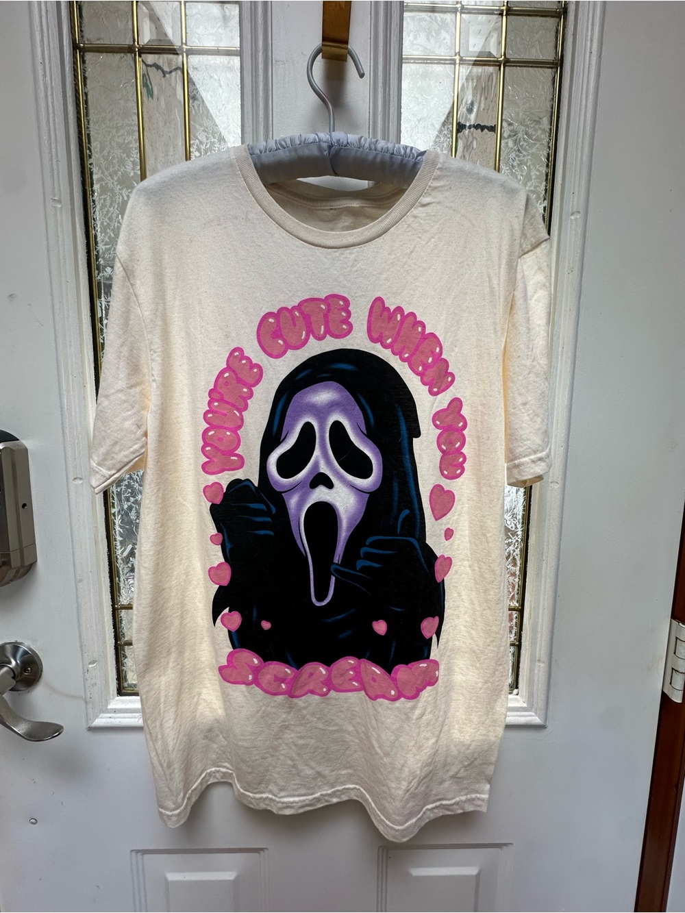 Women’s Cream Graphic Tee with Pink & Black Scream Design